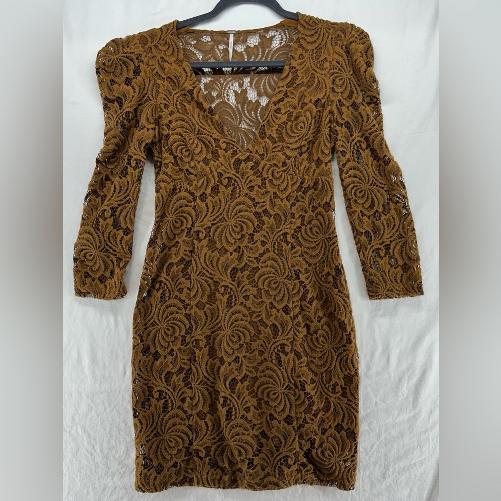 Free People Mini‎ Dress Size XS Lace Bodycon Long Sleeve V Neck Brown